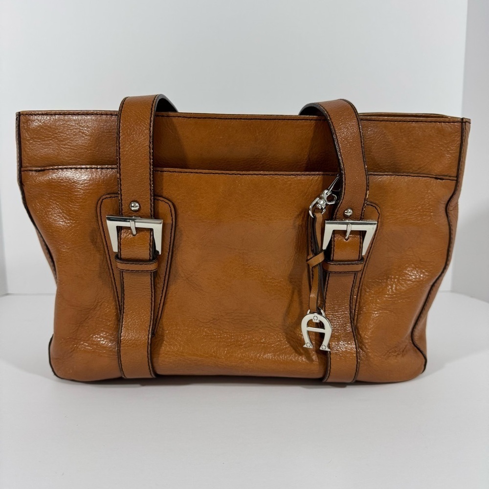 Etienne Aigner Genuine Leather Shoulder Bag Cognac Brown Purse Double Handle